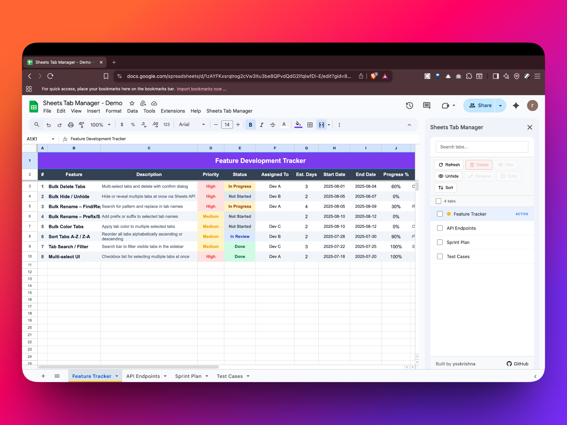 Sheets Tab Manager main view