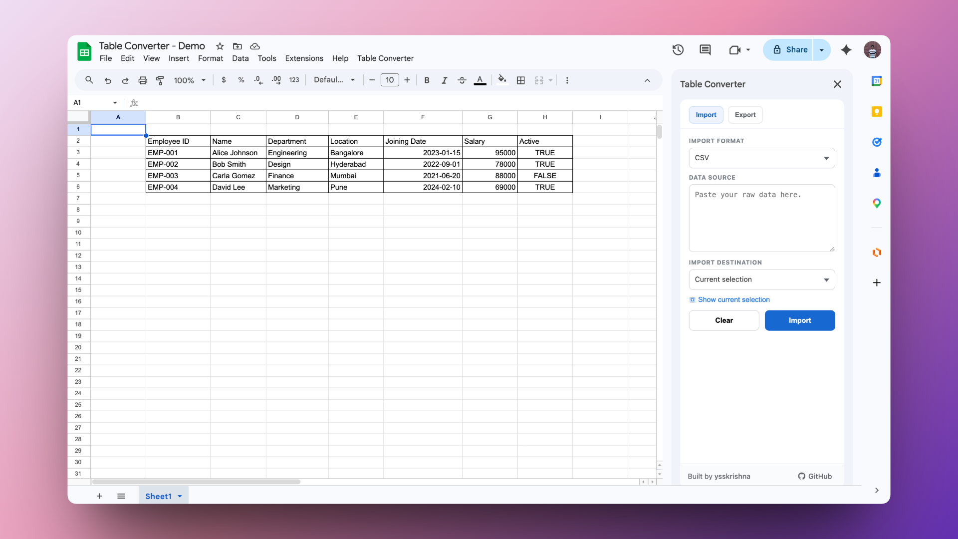 Table Converter main view